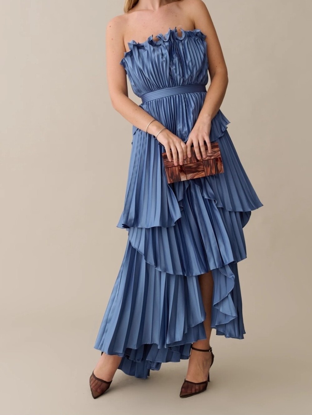 US 2 By O.P.T. Few MODA Danae Dress- Strapless Blue Pleated Ruffle Maxi Dress
